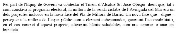 Resposta de l'Equip de Govern de l'Ajuntament de Gavà a la proposta del PPC de Gavà d'arreglar el carril bici de l'avinguda del mar de Gavà Mar (19 de Desembre de 2007)